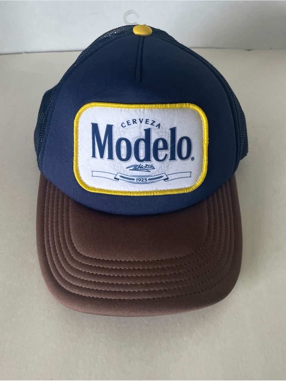 Modelo Hat  Mens One Size  Snap Back Blue & Brown Mesh Trucker Beer Patch Cap